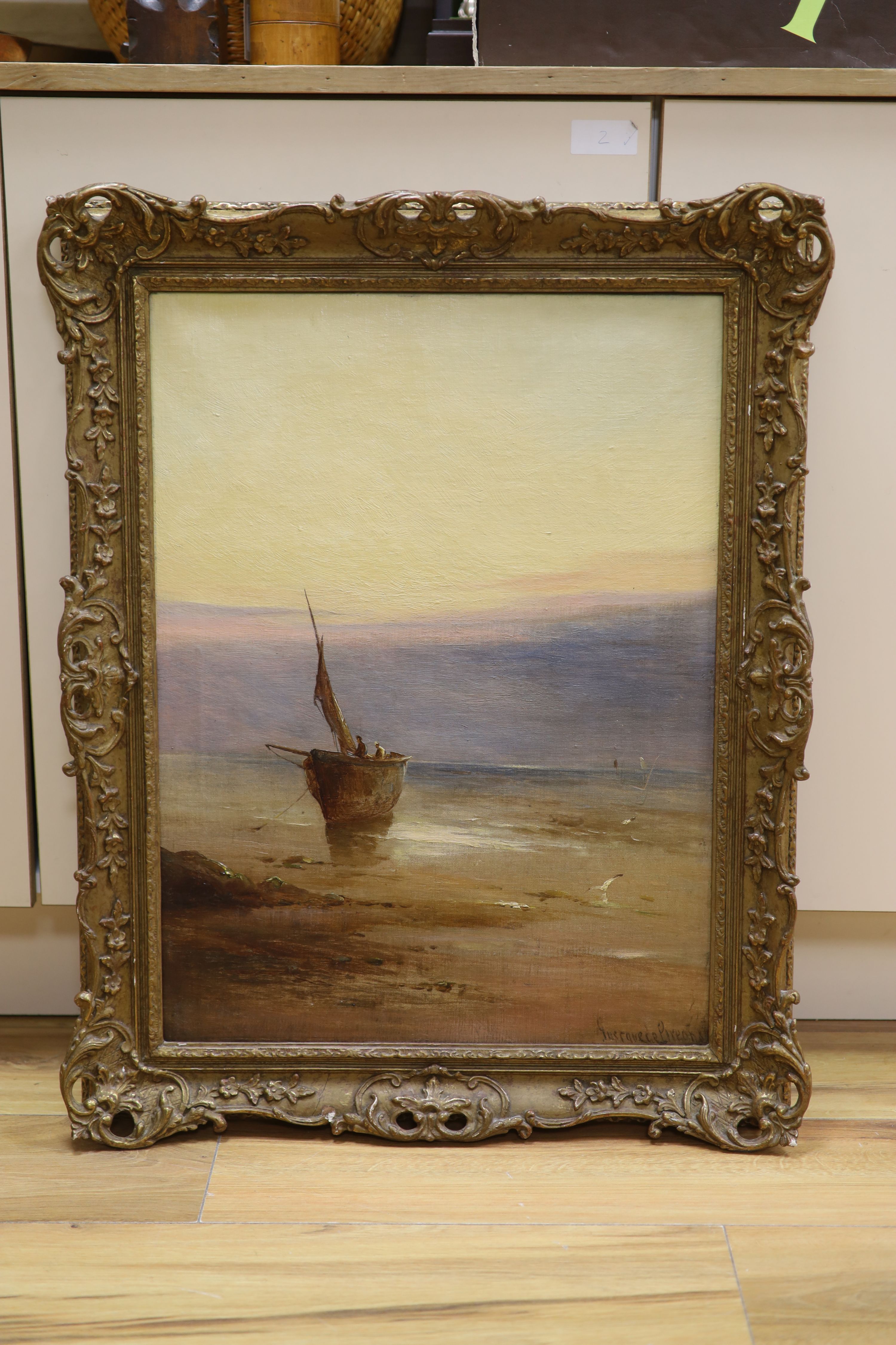 Gustav De Breanski (c 1856-1898), oil on canvas, Beached fishing boat at sunset, signed, 59.5 x 44cm